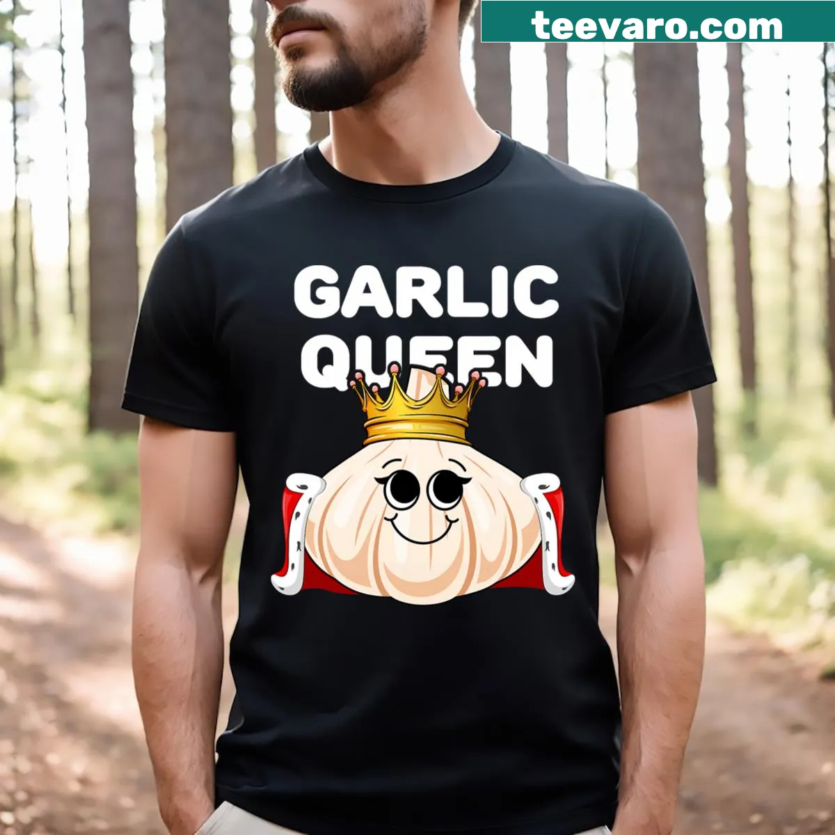 Vintage style Garlic Queen t-shirt featuring illustrated garlic cloves. — on a men's t-shirt