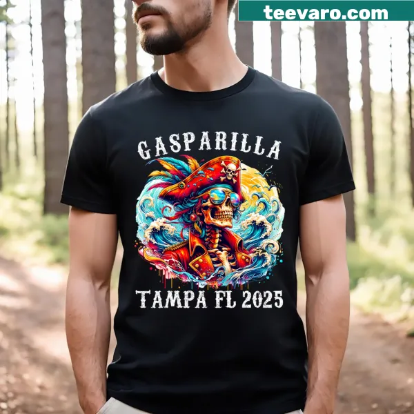 T-shirt celebrating the Gasparilla 2025 Pirate Festival with pirate graphics