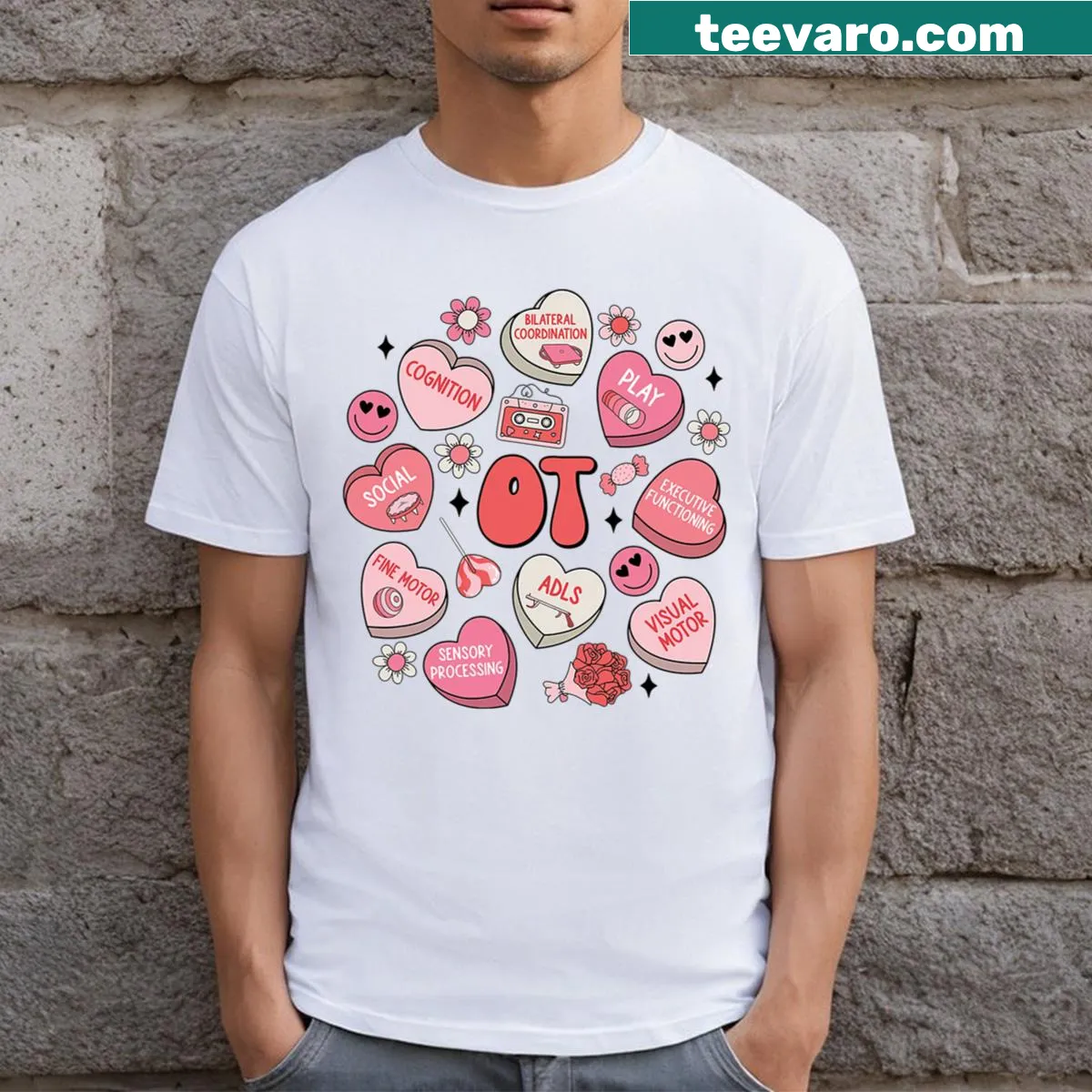 Valentine's themed OT T-shirt with conversation heart illustrations — on a men's t-shirt