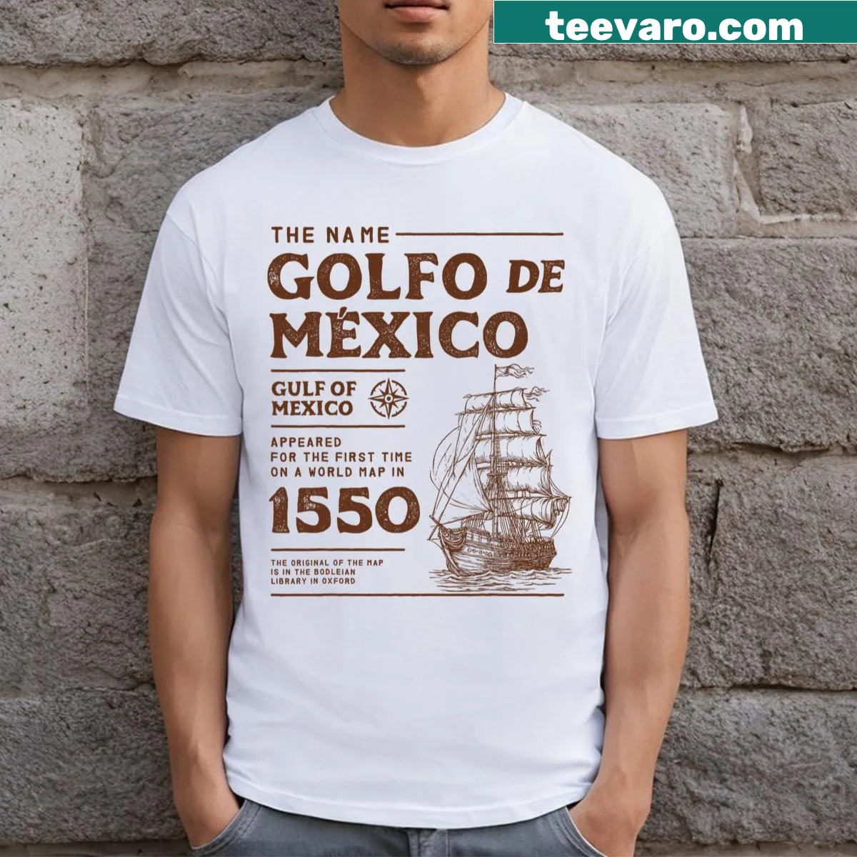 Geography-themed T-shirt with Gulf of Mexico name origin from 1550 — on a men's t-shirt
