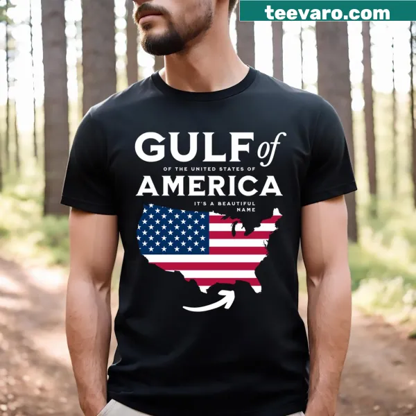 Artistic America graphic on a Gulf-themed T-shirt