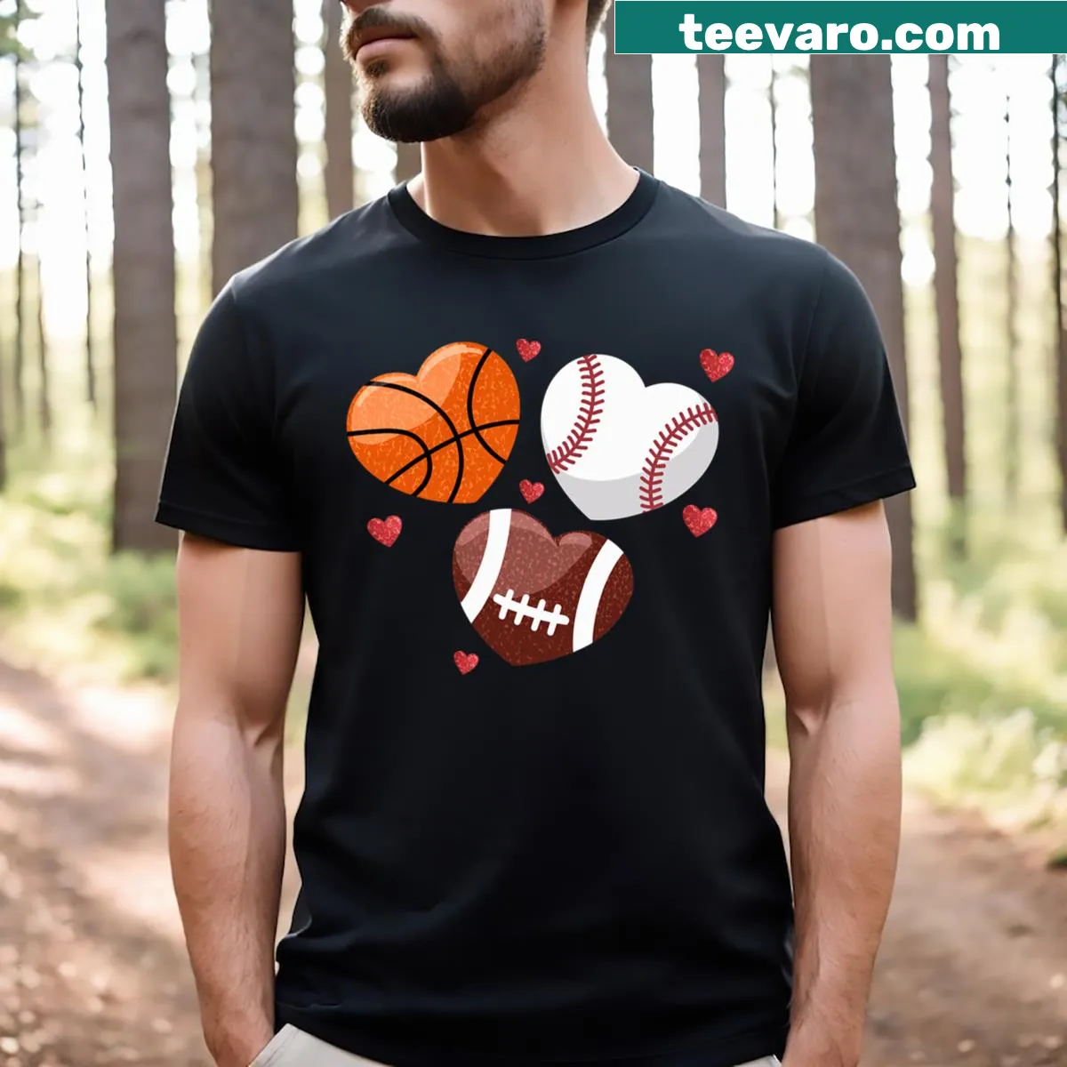 Valentine's Day sports-themed shirt with heart and various sports symbols — on a men's t-shirt