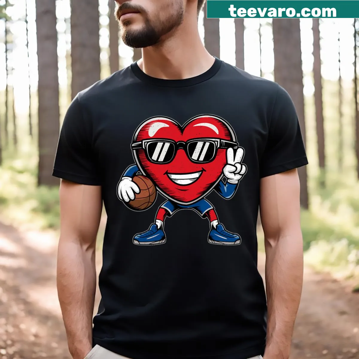Cute heart character playing basketball illustration — on a men's t-shirt