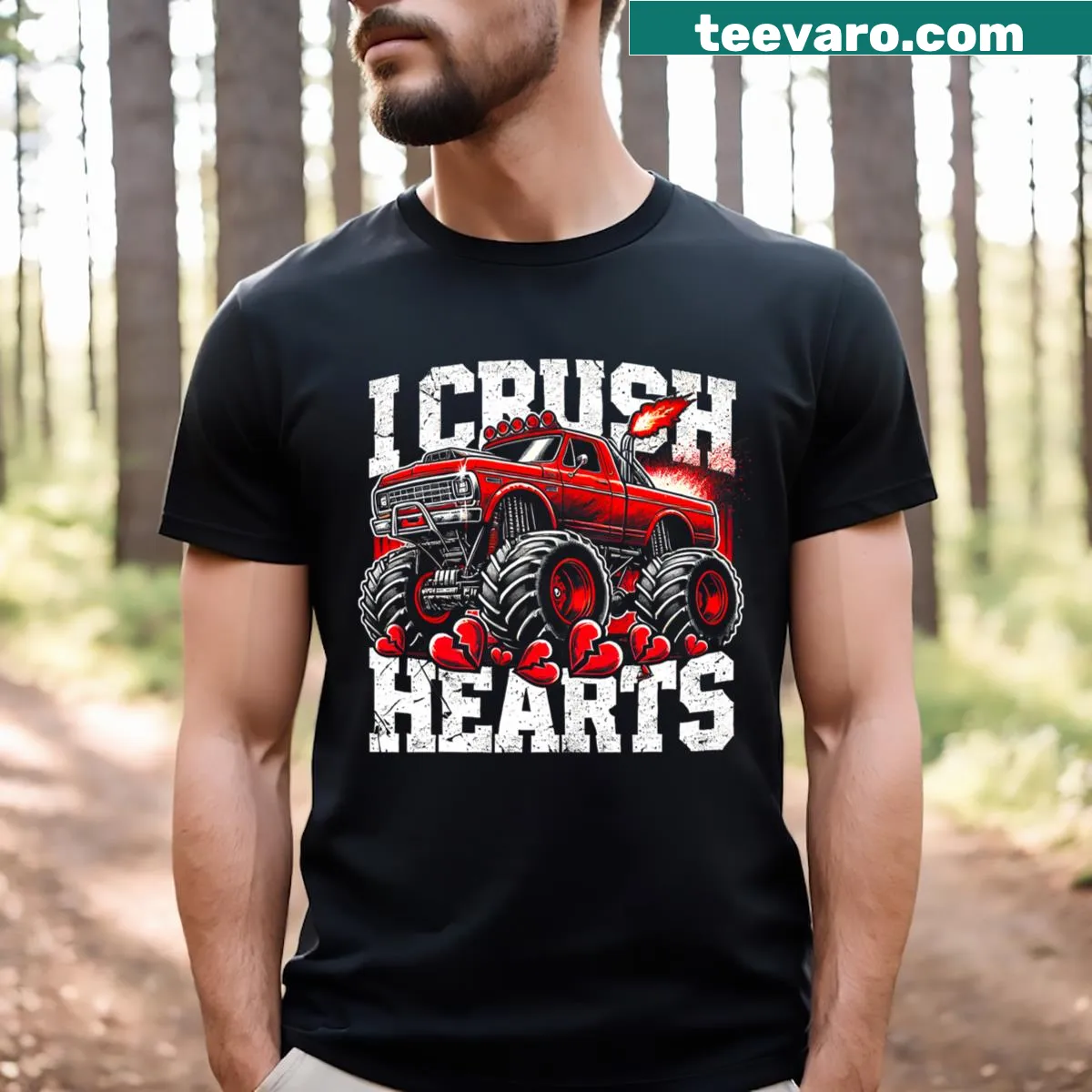 Toddler T-shirt featuring a monster truck and 'I Crush Hearts' for Valentine's Day — on a men's t-shirt
