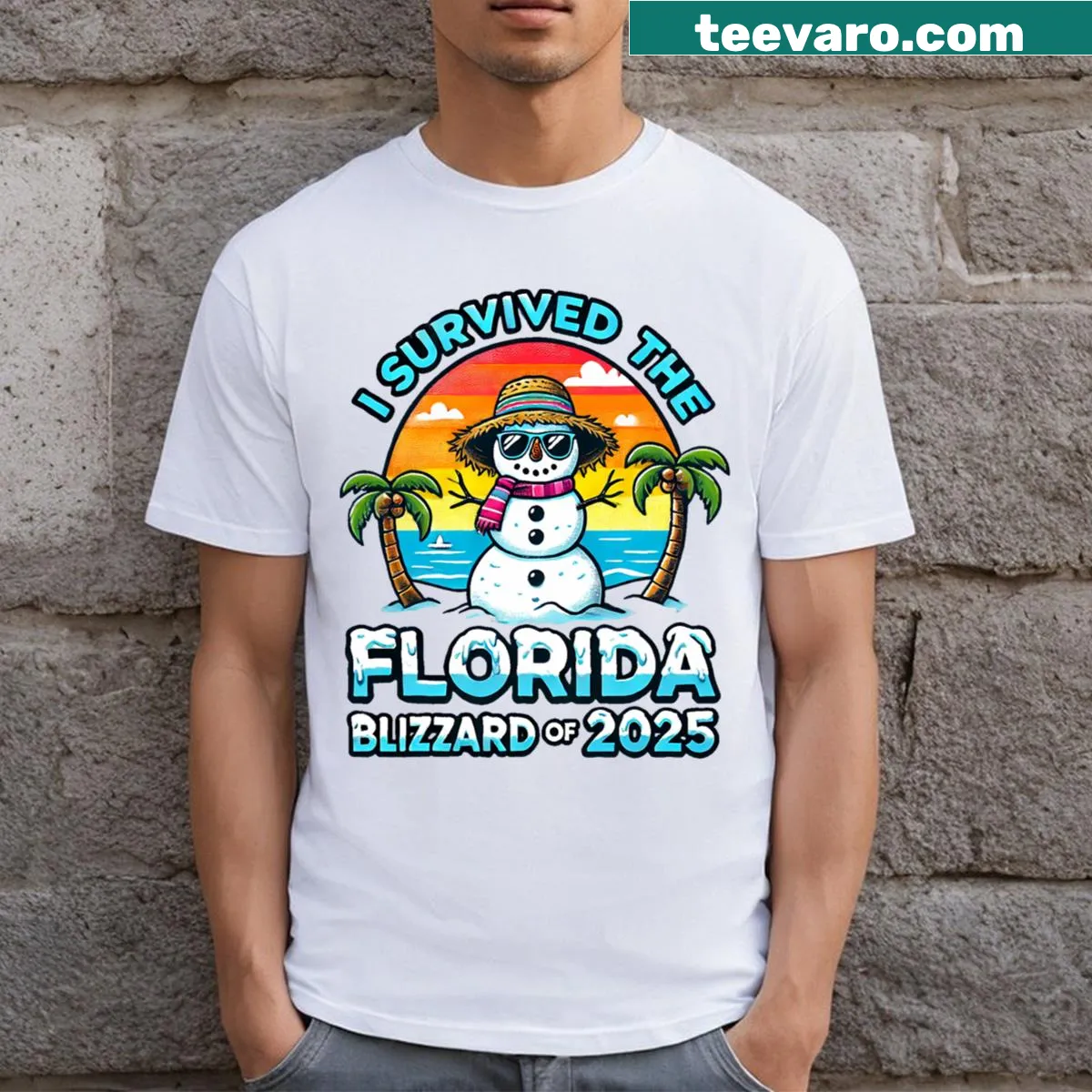 Text t-shirt celebrating survival of the Florida Blizzard of 2025 — on a men's t-shirt
