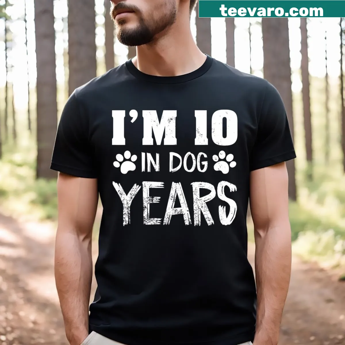 Funny birthday t-shirt stating 'I'm 10 In Dog Years' — on a men's t-shirt