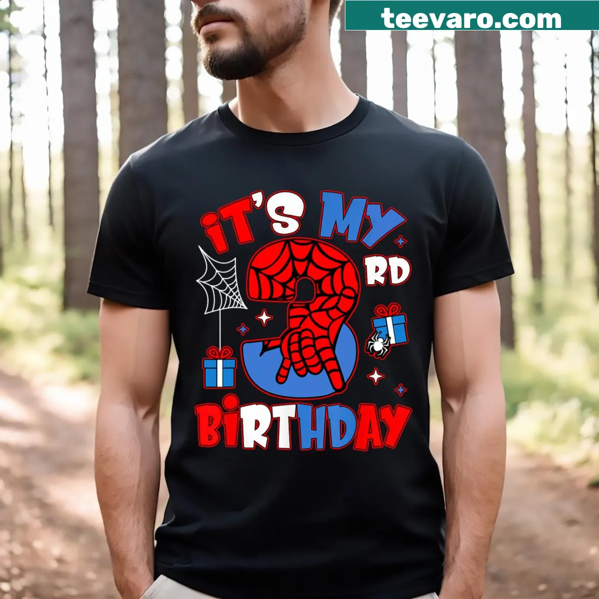 Cartoon spider birthday shirt for boys celebrating their 3rd birthday — on a men's t-shirt