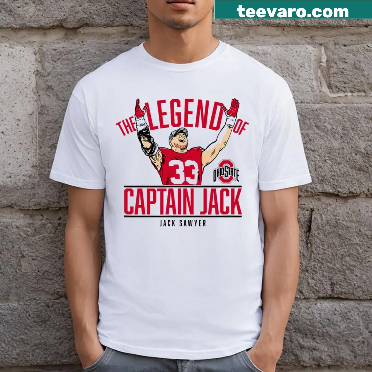 Ohio State football t-shirt featuring Jack Sawyer graphic — on a men's t-shirt
