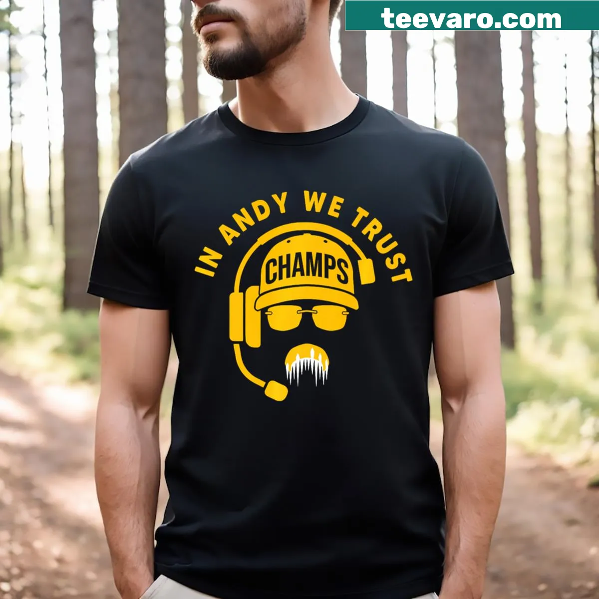 Funny Champs Moustache t-shirt with humorous text and graphic — on a men's t-shirt