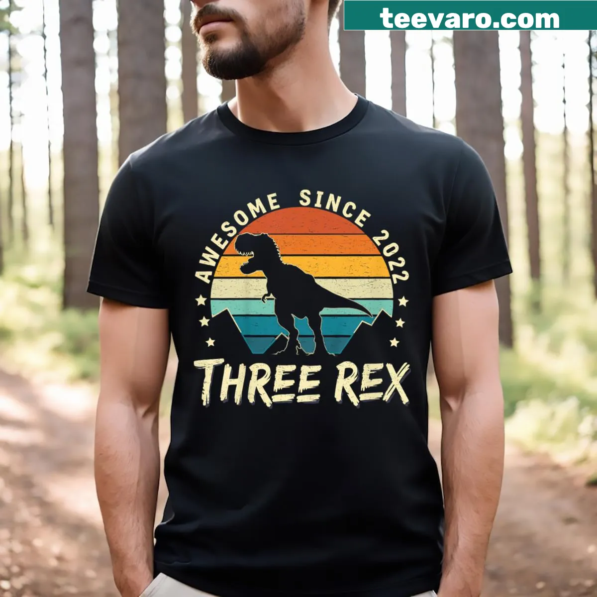Cartoon dinosaur birthday T-shirt for kids turning three — on a men's t-shirt