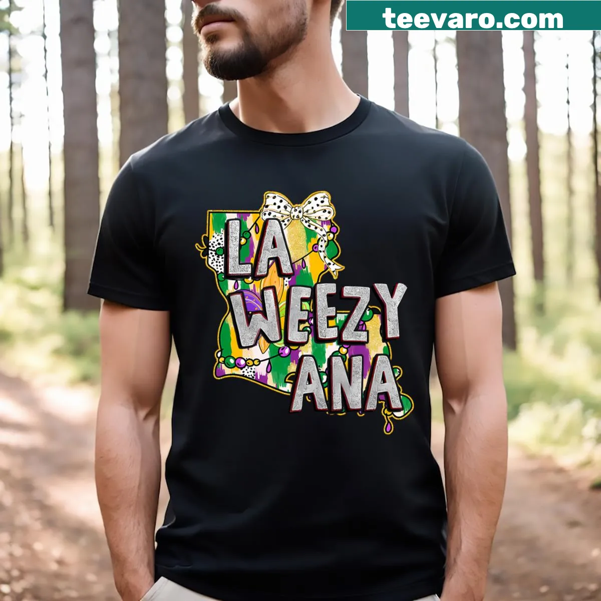 Cheerful Louisiana map design T-shirt celebrating Mardi Gras — on a men's t-shirt