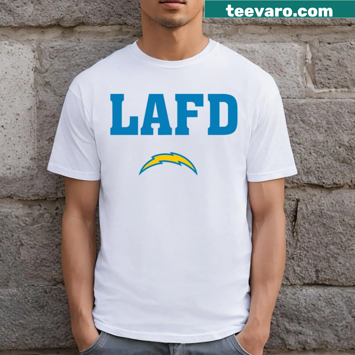 Minimalist 'LAFD' text graphic T-shirt — on a men's t-shirt