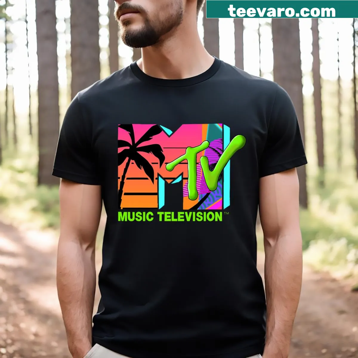 T-shirt featuring MTV logo and retro palm trees — on a men's t-shirt