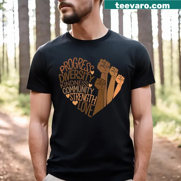 Melanin T-shirt featuring raised fists symbolizing diversity and equity
