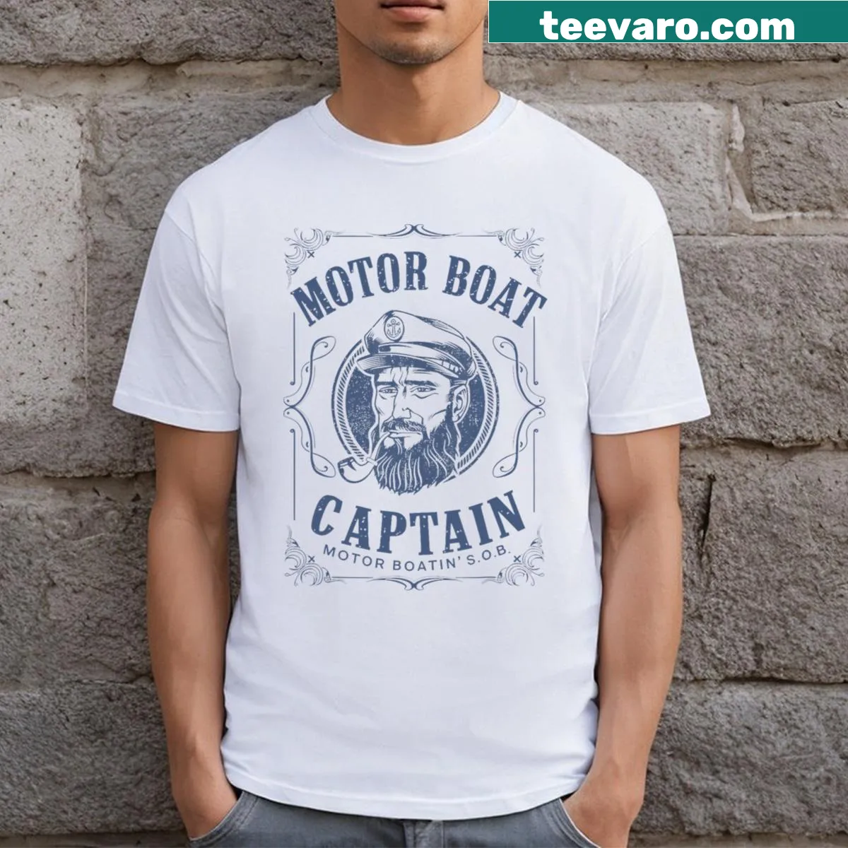 Funny T-shirt for motorboat captains with pontoon theme — on a men's t-shirt