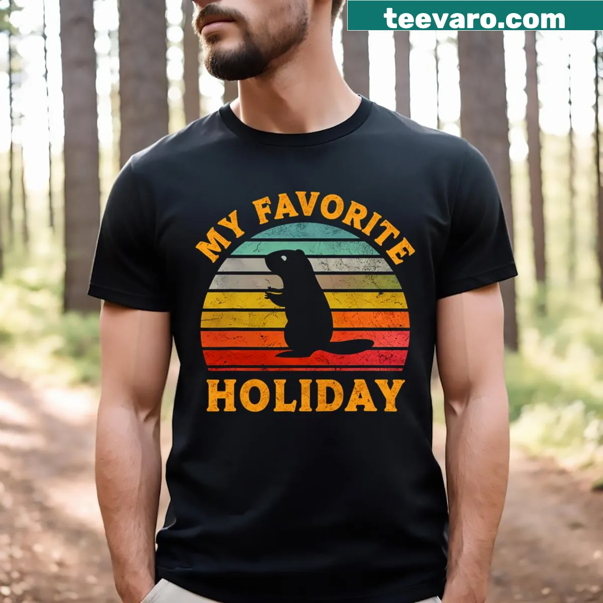 Groundhog Day t-shirt with a sunset design — on a men's t-shirt