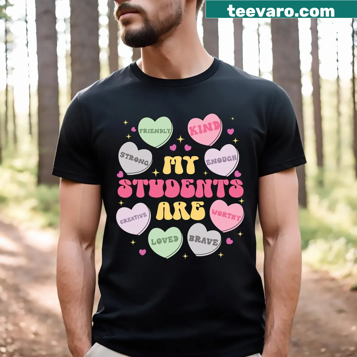 Valentines Day T-shirt for teachers with hearts and positive messages — on a men's t-shirt