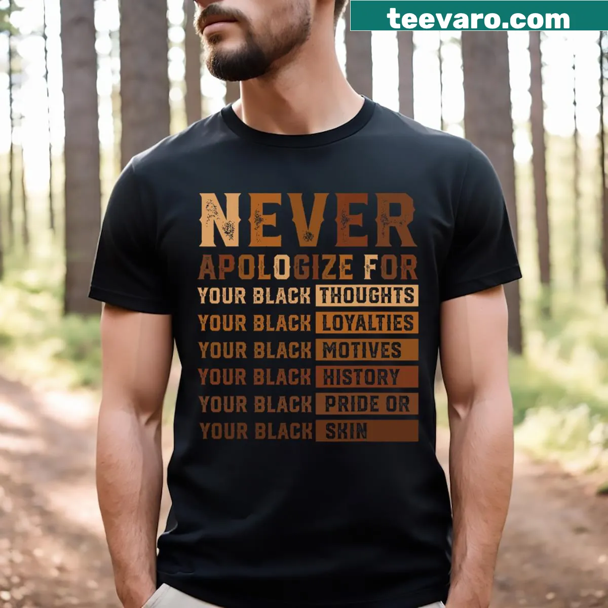 Typographic T-shirt featuring the message 'Never Apologize' for Black History Month — on a men's t-shirt
