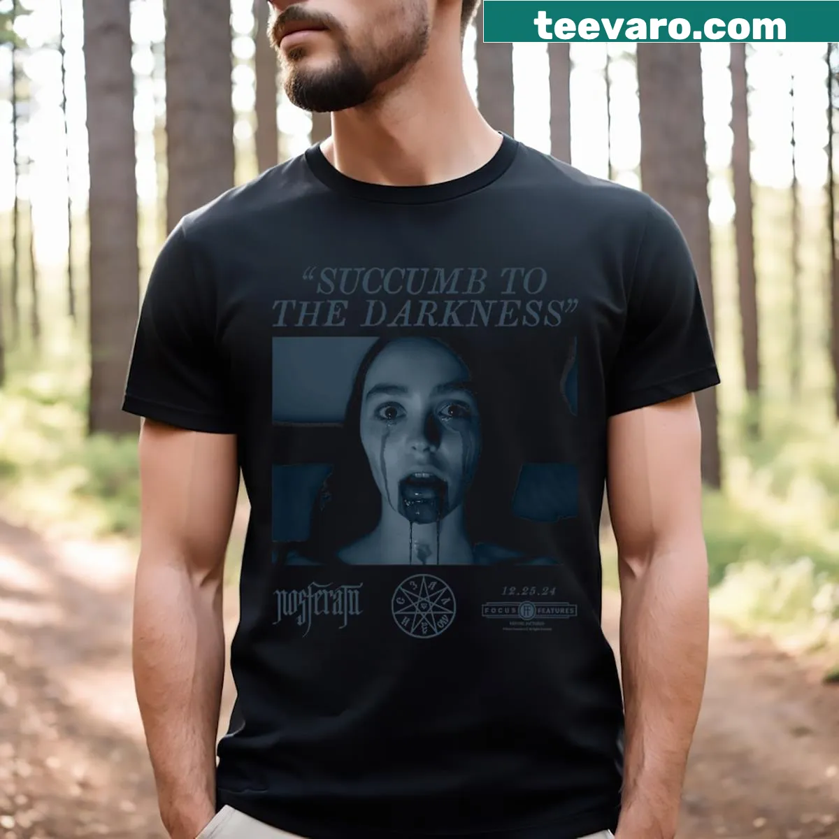 Distressed Nosferatu graphic with 'Succumb To The Darkness' text — on a men's t-shirt