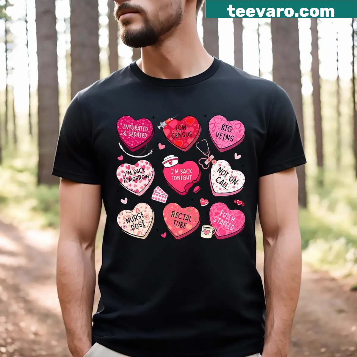 Illustrated nurse-themed graphic with conversation hearts — on a men's t-shirt