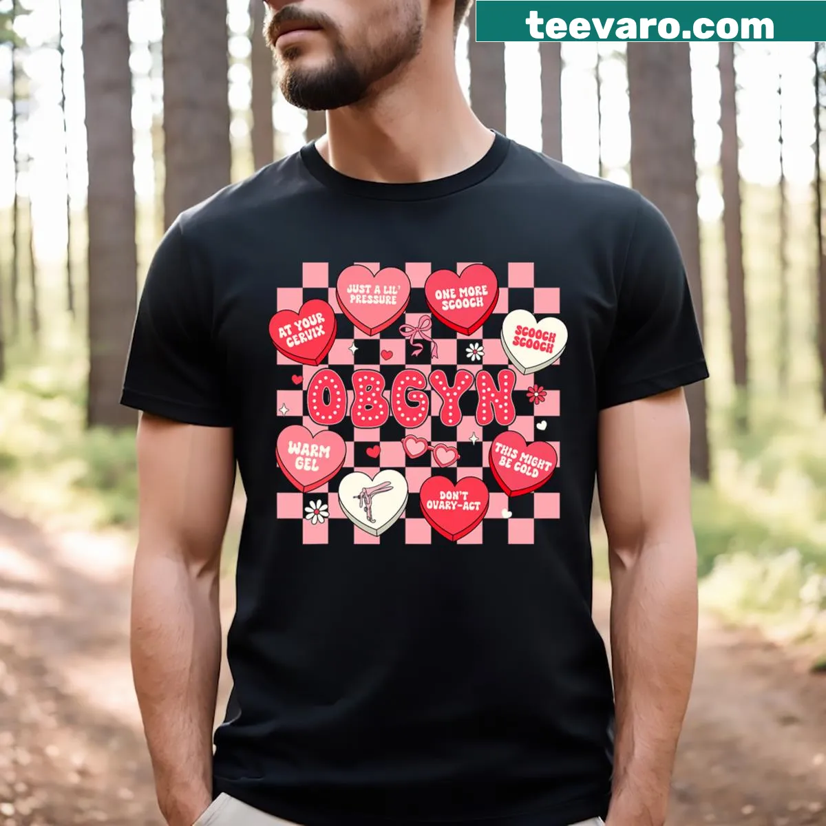 Valentine's themed OB-GYN nurse T-shirt with cute illustrations — on a men's t-shirt