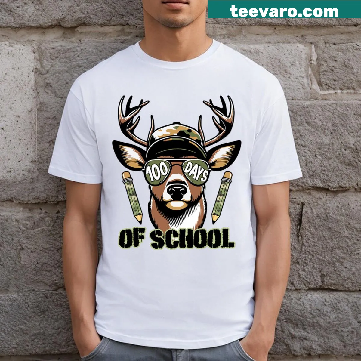 Cartoon deer design for 100th day of school celebration — on a men's t-shirt