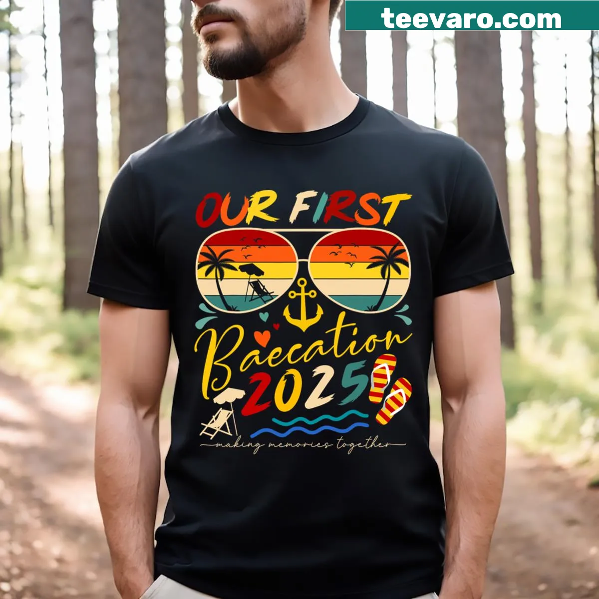Couples t-shirt with typography design celebrating their first vacation together. — on a men's t-shirt