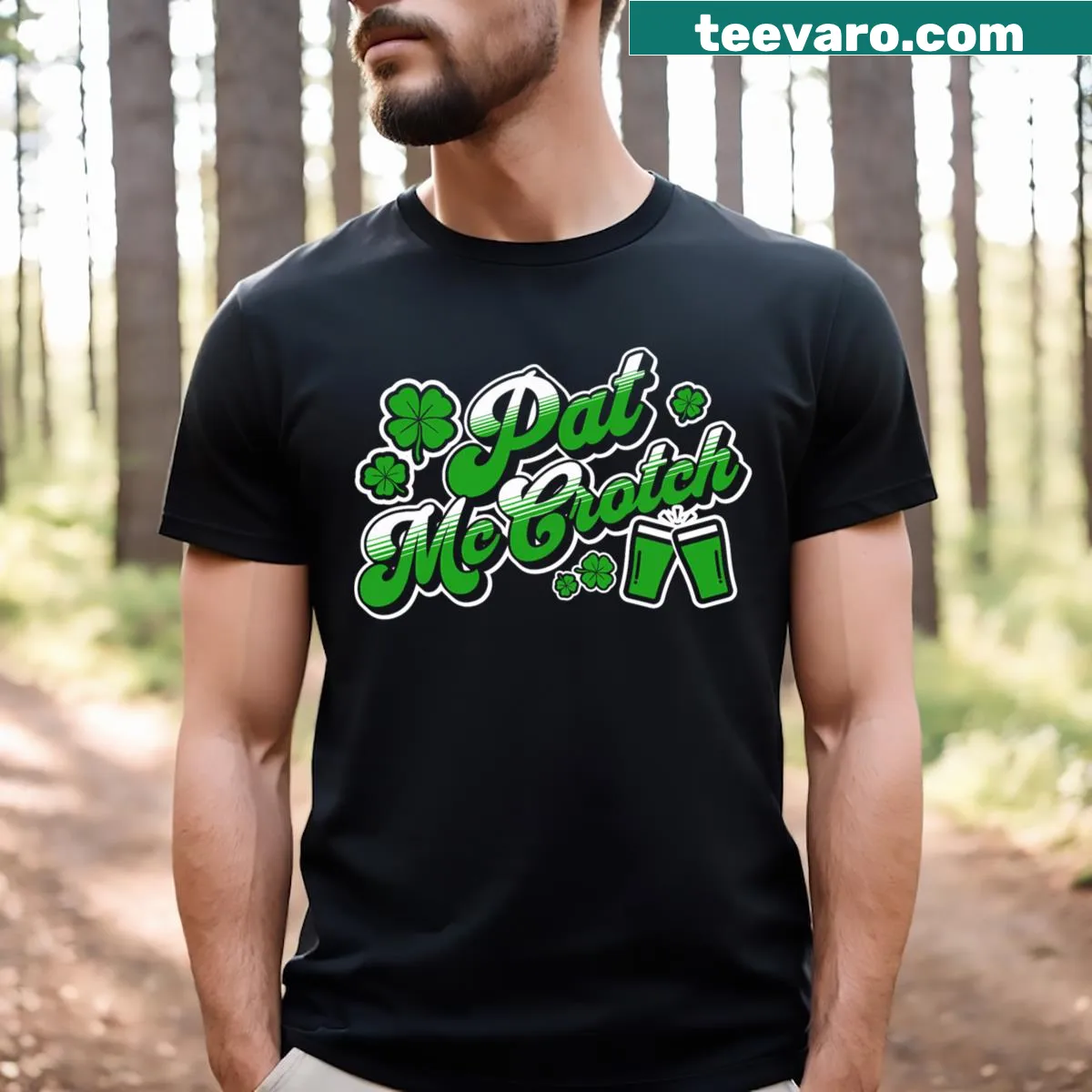 Humorous cartoon design featuring Pat Mccrotch on an Irish pub-themed t-shirt. — on a men's t-shirt