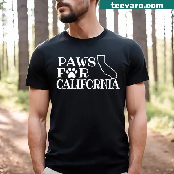 Illustrative t-shirt with 'Paws For California' design for pet lovers.