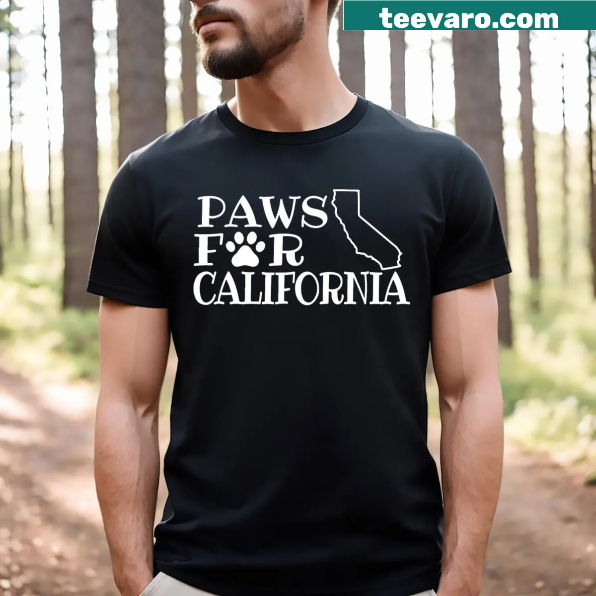 Illustrative t-shirt with 'Paws For California' design for pet lovers. — on a men's t-shirt