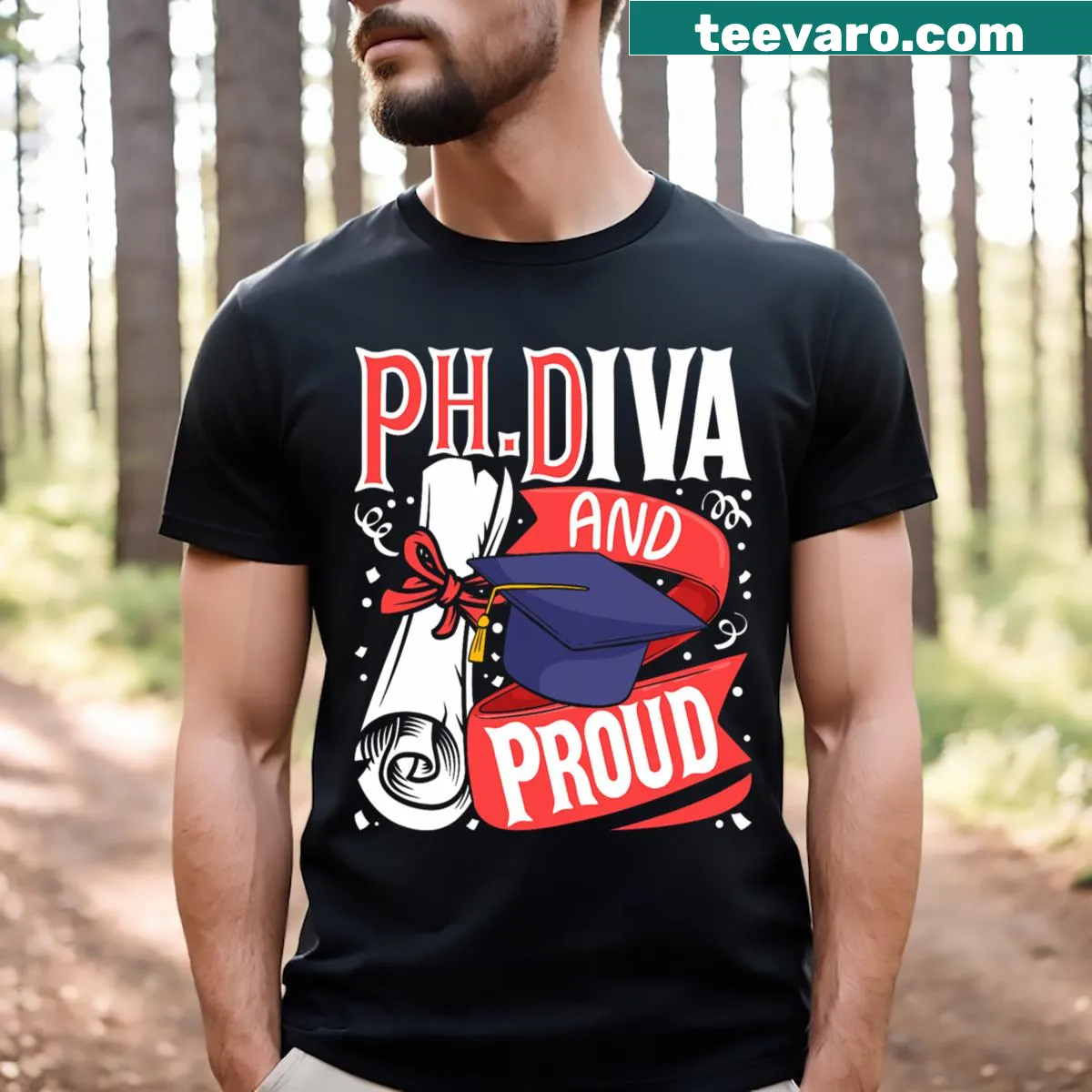 T-shirt with text: Phdiva PhD Graduate — on a men's t-shirt