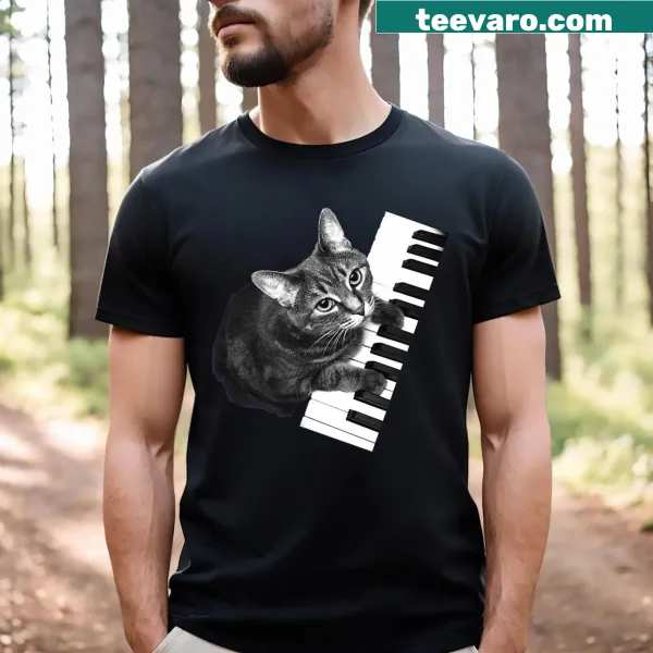 T-shirt featuring a cat playing the piano