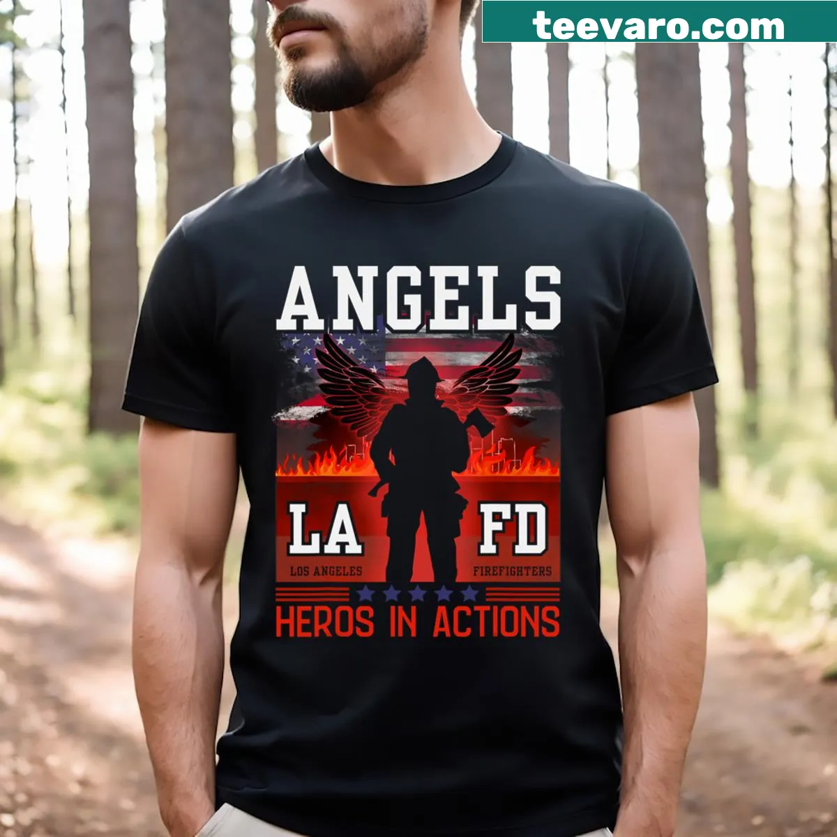 Los Angeles Firefighters graphic T-shirt celebrating LAFD heroes. — on a men's t-shirt