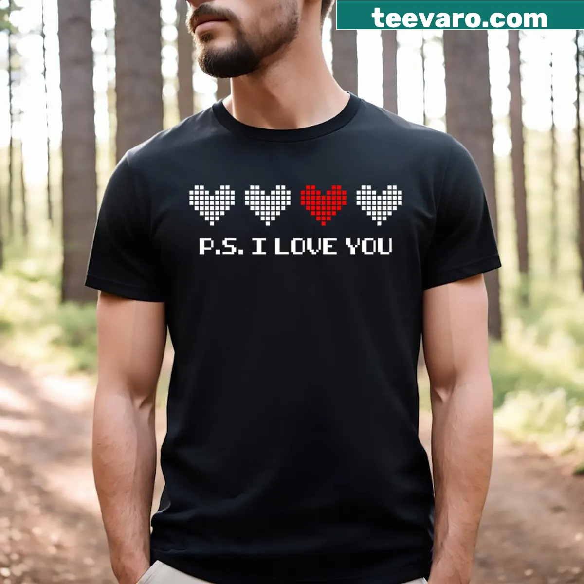 Cute Valentine's Day T-shirt with 'P.S. I Love You' and purple heart design — on a men's t-shirt