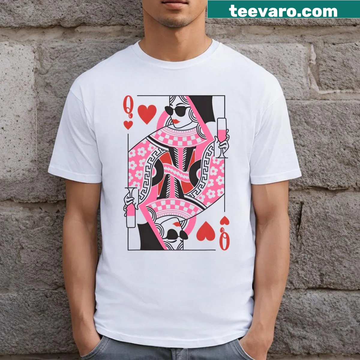 Valentine's Day T-shirt featuring a whimsical Queen of Hearts and champagne design. — on a men's t-shirt