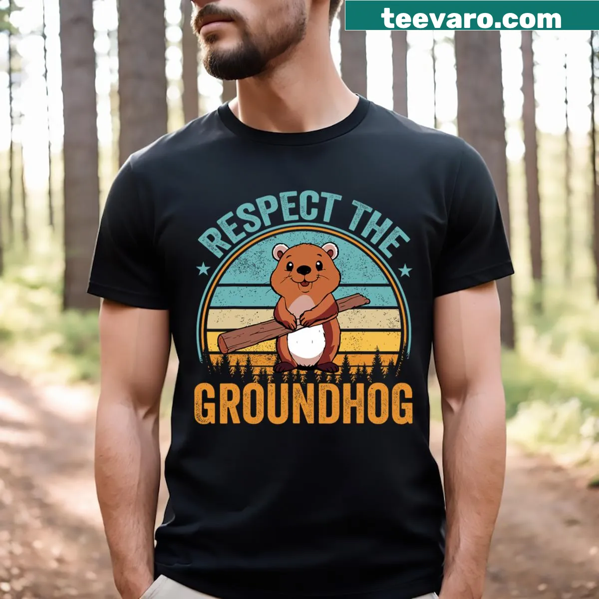 Groundhog Day T-shirt featuring playful groundhog and flag design. — on a men's t-shirt