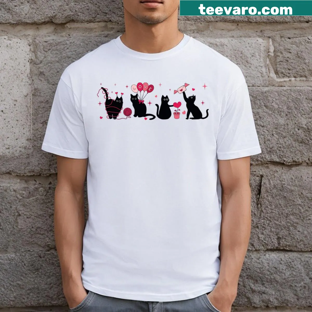 Retro black cat playing with a heart graphic shirt for cat lovers — on a men's t-shirt