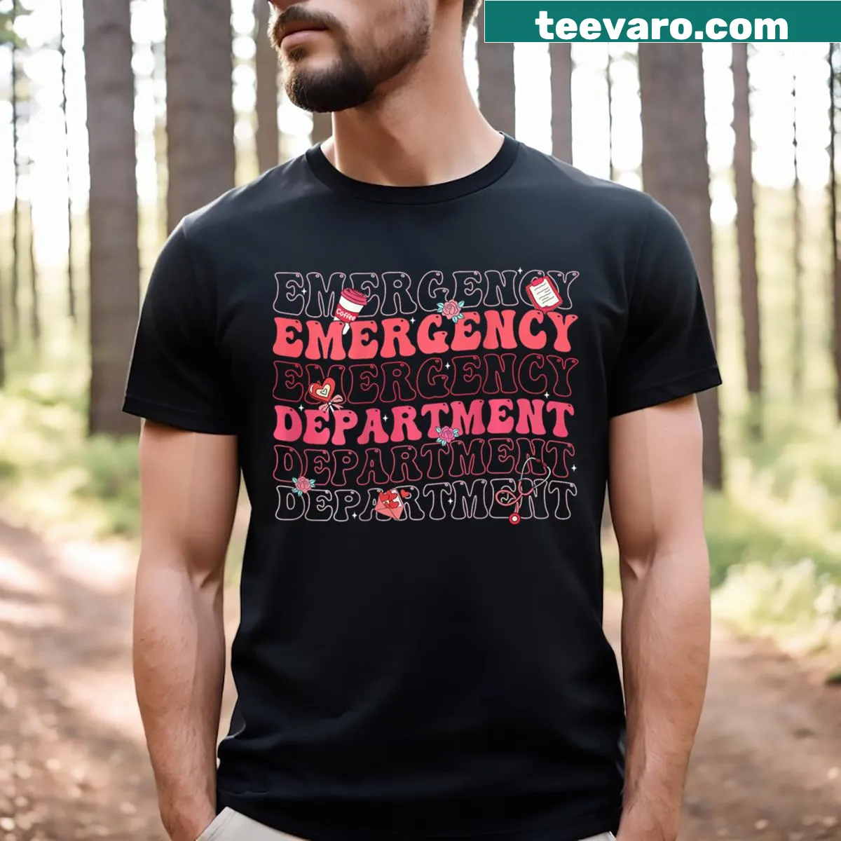Two-sided nurse Valentine's t-shirt with ER motifs and playful design — on a men's t-shirt