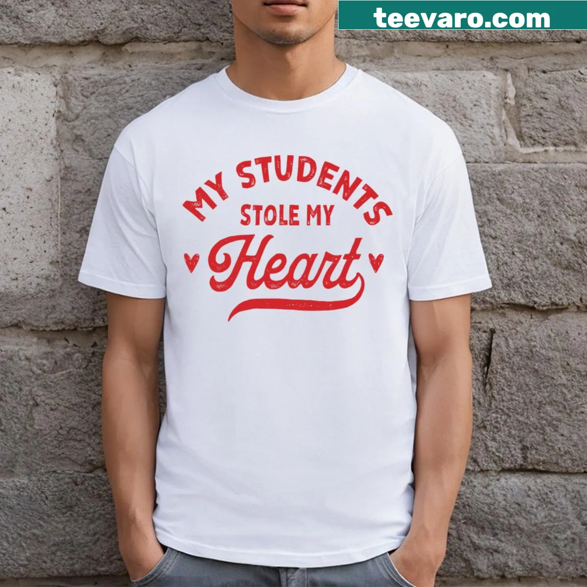 Cute teacher Valentine’s Day t-shirt with heartfelt graphic — on a men's t-shirt