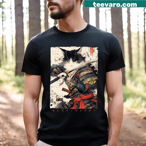 Illustration of a Samurai Cat Warrior in Ukiyo ink style on a T-shirt