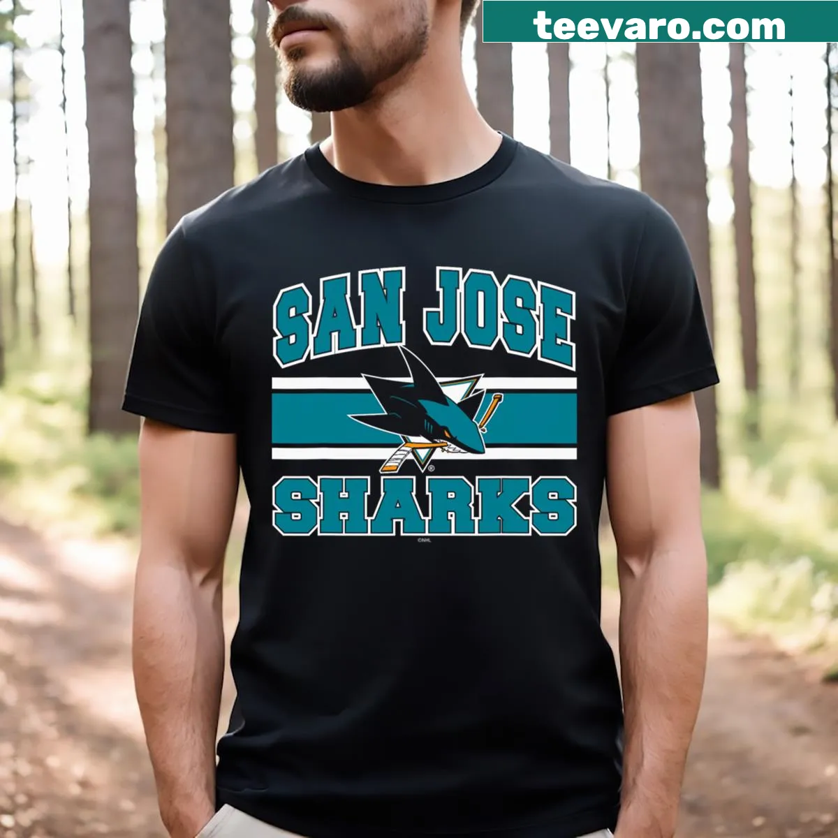 Officially licensed black San Jose Sharks T-shirt with stripes — on a men's t-shirt