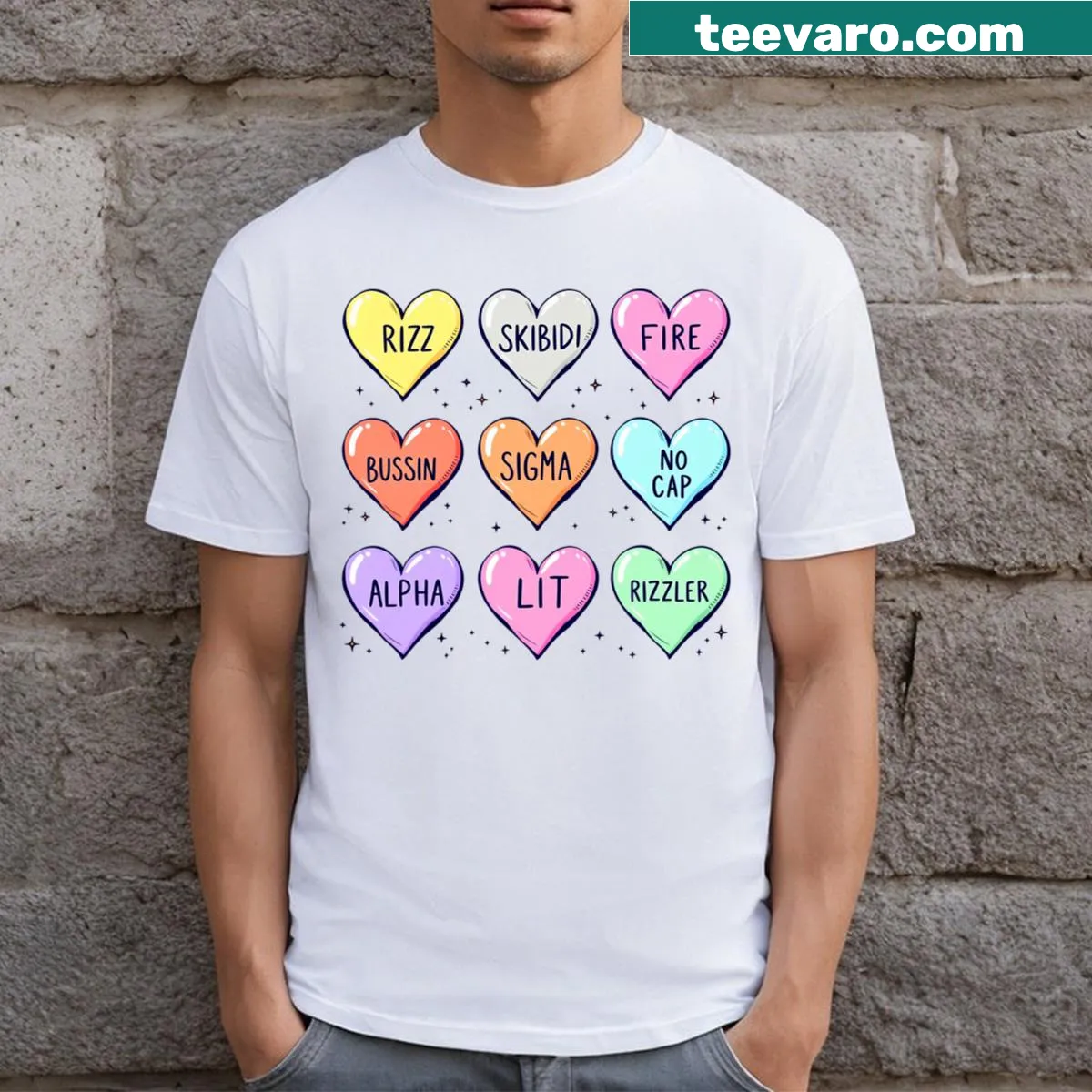 Funny Valentine's Day t-shirt with the phrase Rizz No Cap — on a men's t-shirt