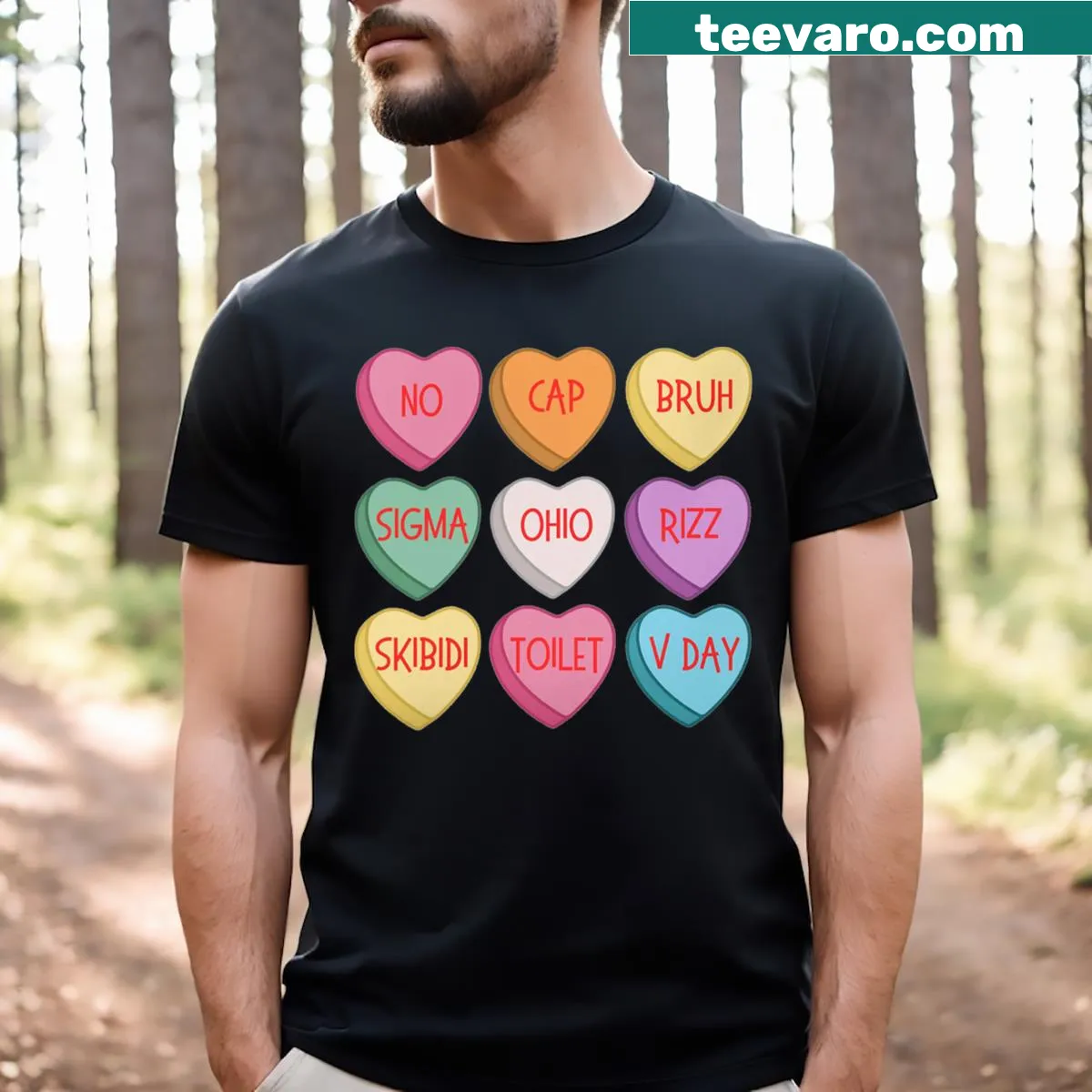 Groovy Valentine's Day t-shirt with a candy heart graphic — on a men's t-shirt