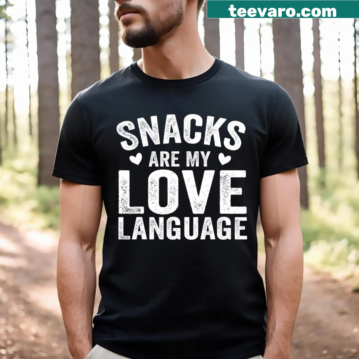 Kids T-shirt with bold text saying Snacks Are My Love Language — on a men's t-shirt