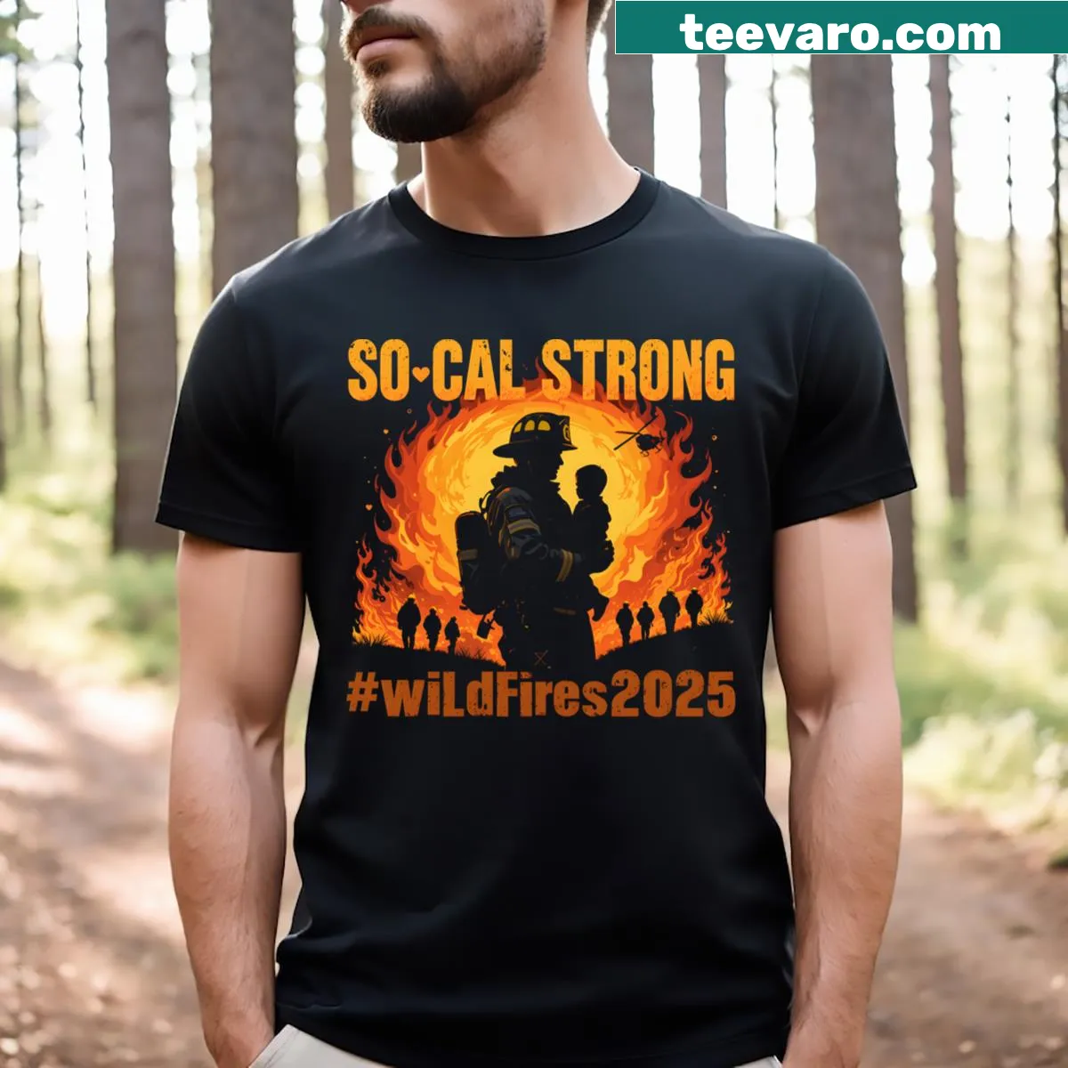 Badge-style graphic stating 'Socal Strong' and 'Pray For LA' on T-shirt. — on a men's t-shirt
