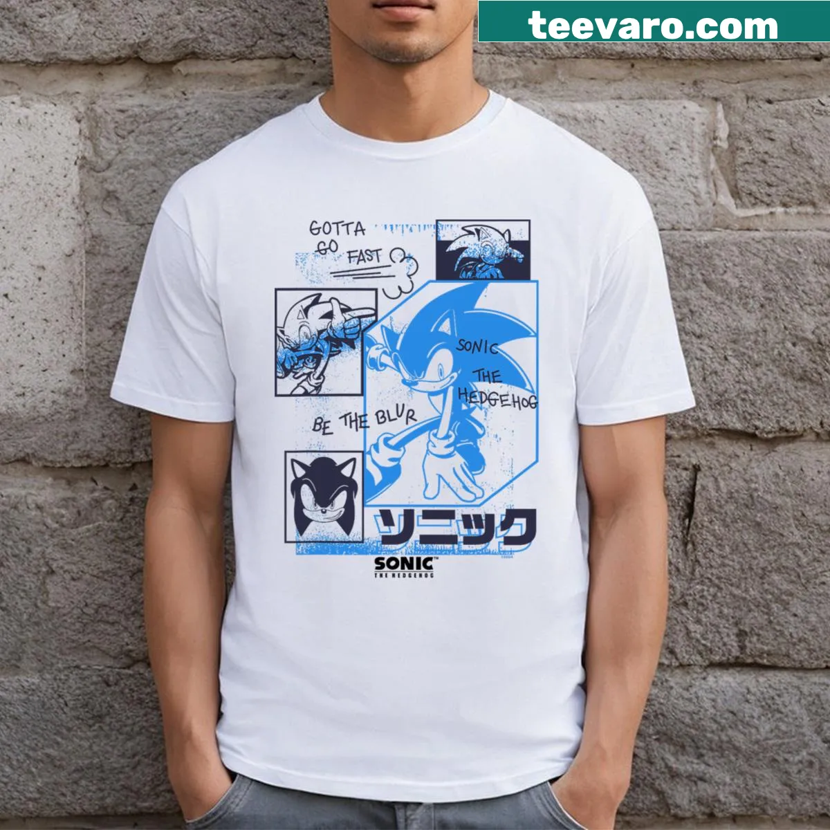 Vintage sketch panels of Sonic The Hedgehog design on T-shirt. — on a men's t-shirt