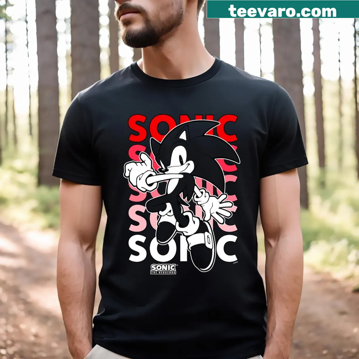 Retro T-shirt featuring Sonic The Hedgehog repeating name design — on a men's t-shirt