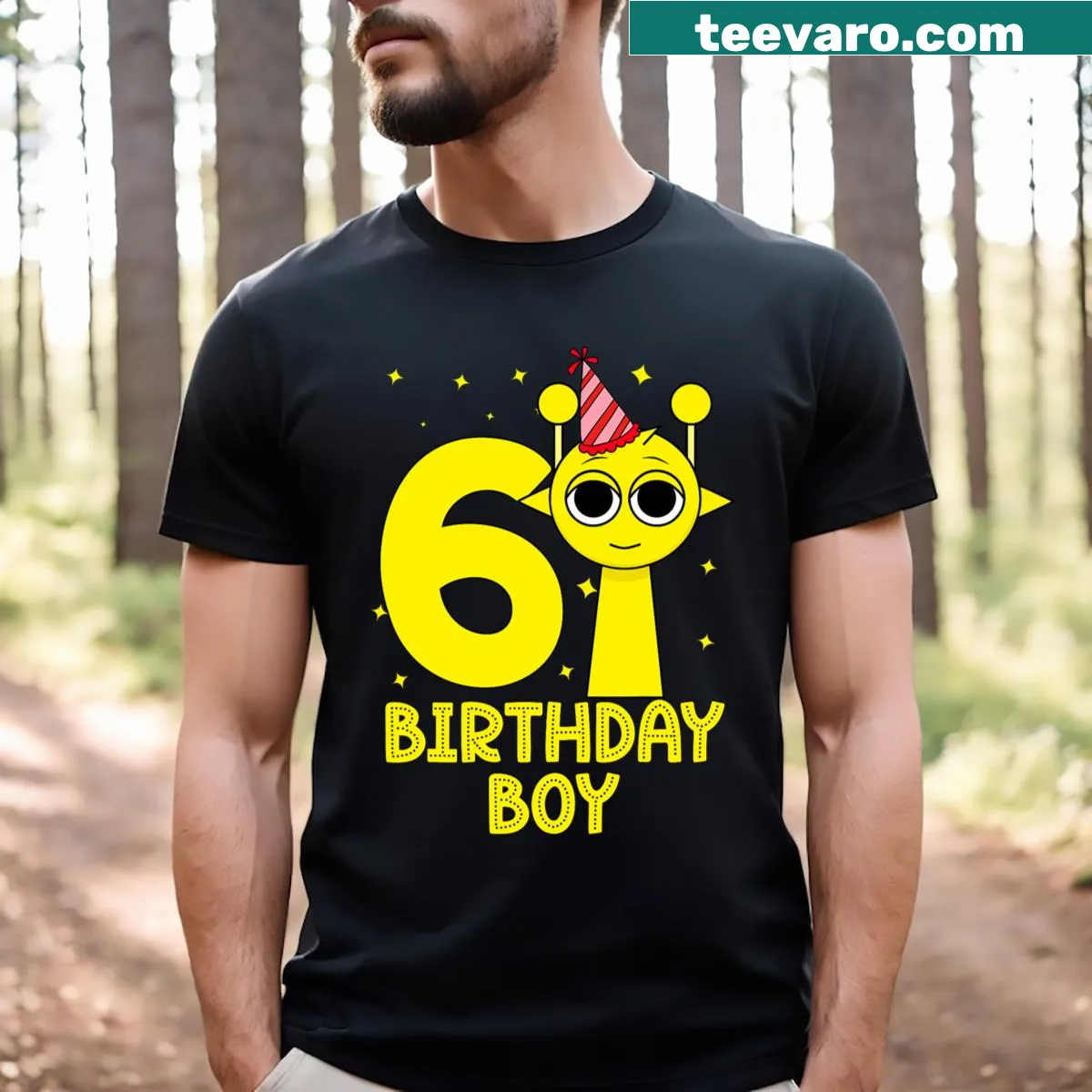 Kids birthday t-shirt celebrating 6th birthday with fun graphics — on a men's t-shirt