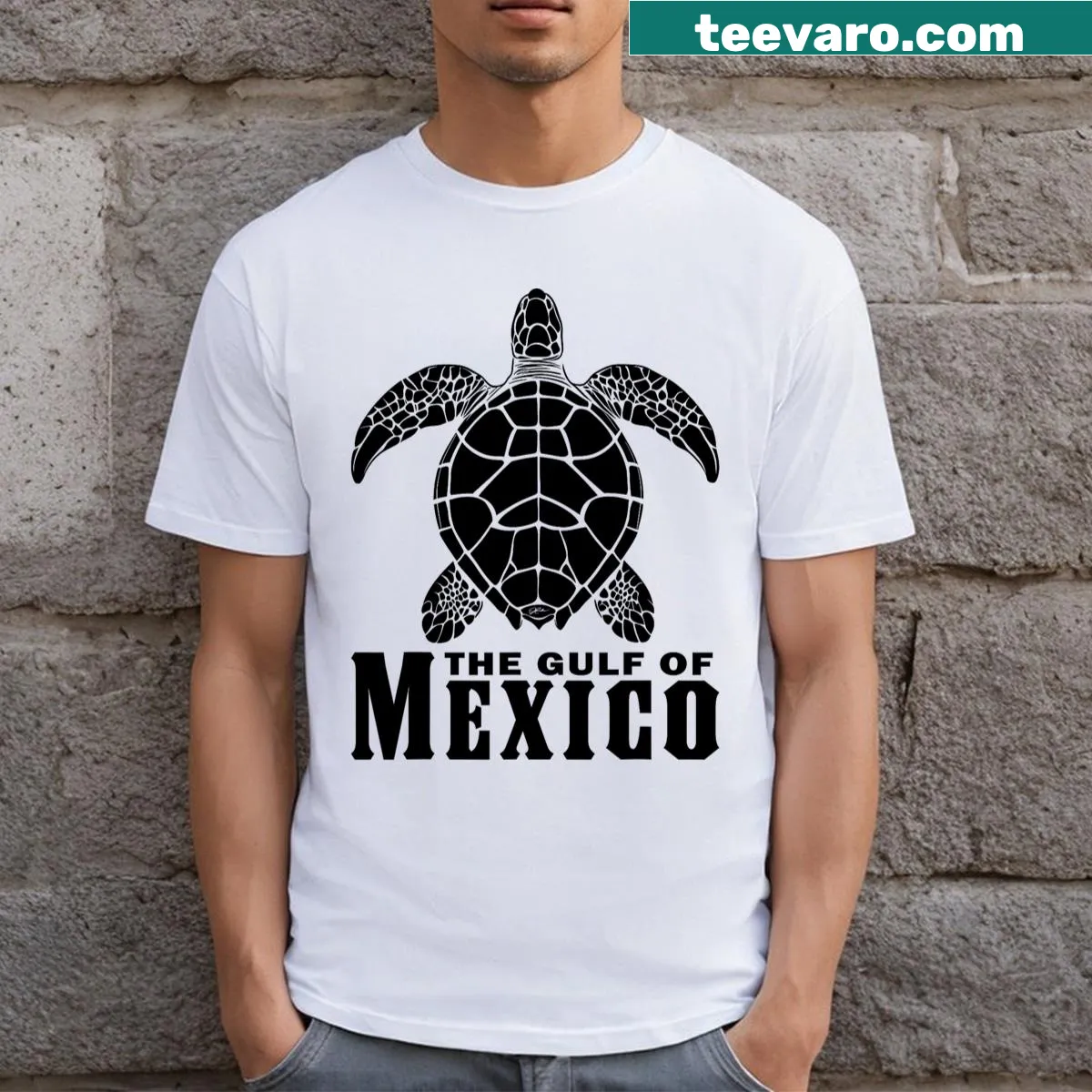 Illustrative t-shirt featuring a sea turtle design inspired by the Gulf of Mexico — on a men's t-shirt