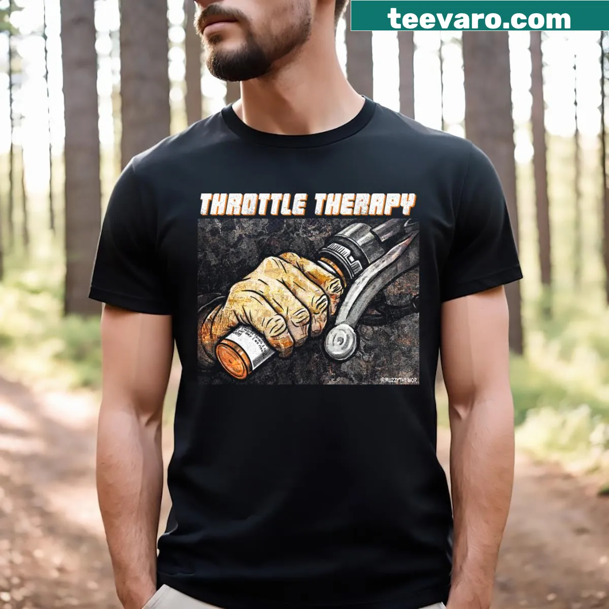 Throttle Therapy T-shirt with a humorous automotive theme — on a men's t-shirt